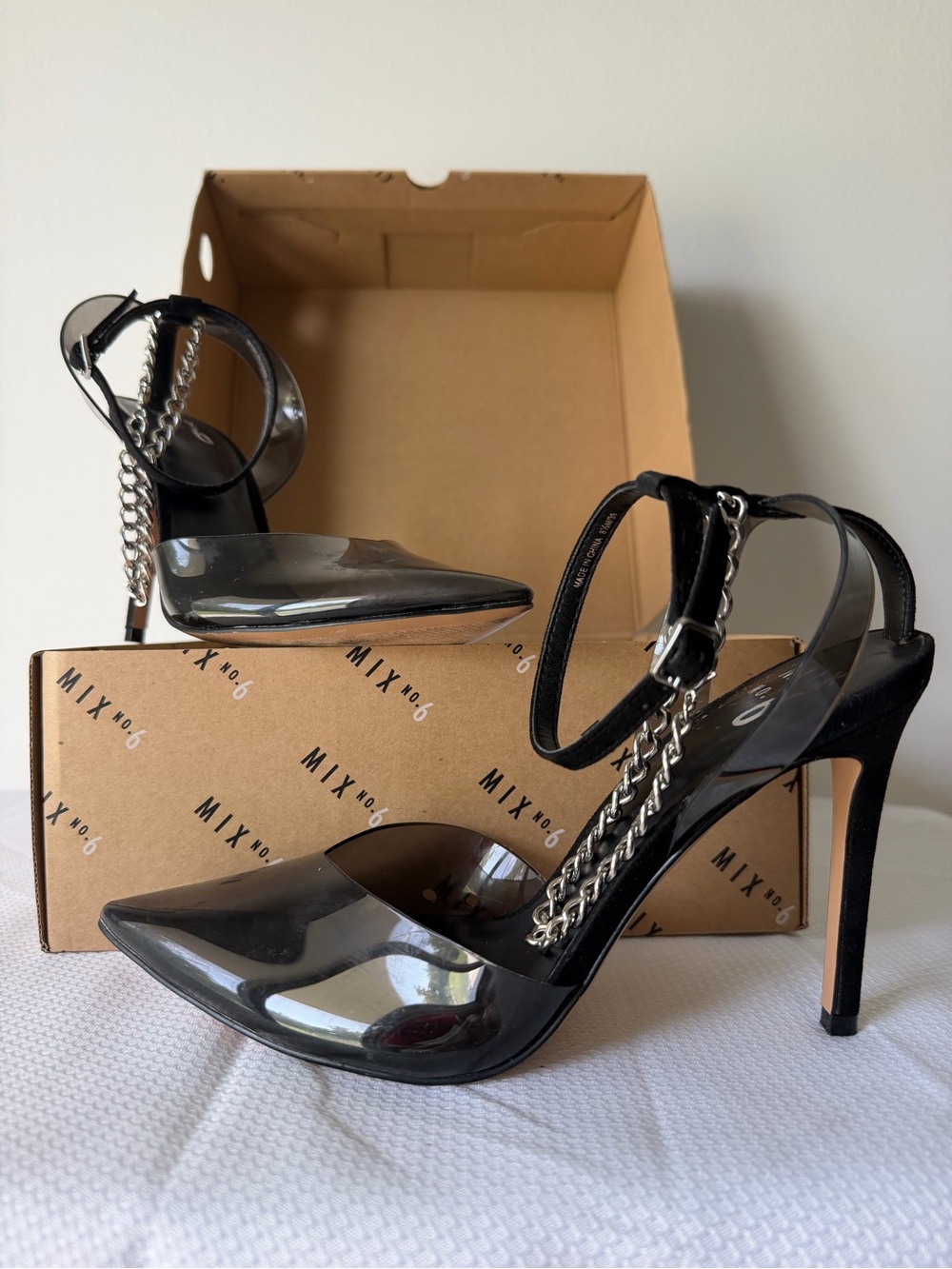 Mix No.6 Black Chain-Accent Pointed-Toe Heels